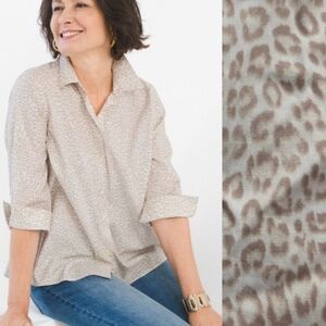 Leopard No Iron Cotton Button Front Blouse